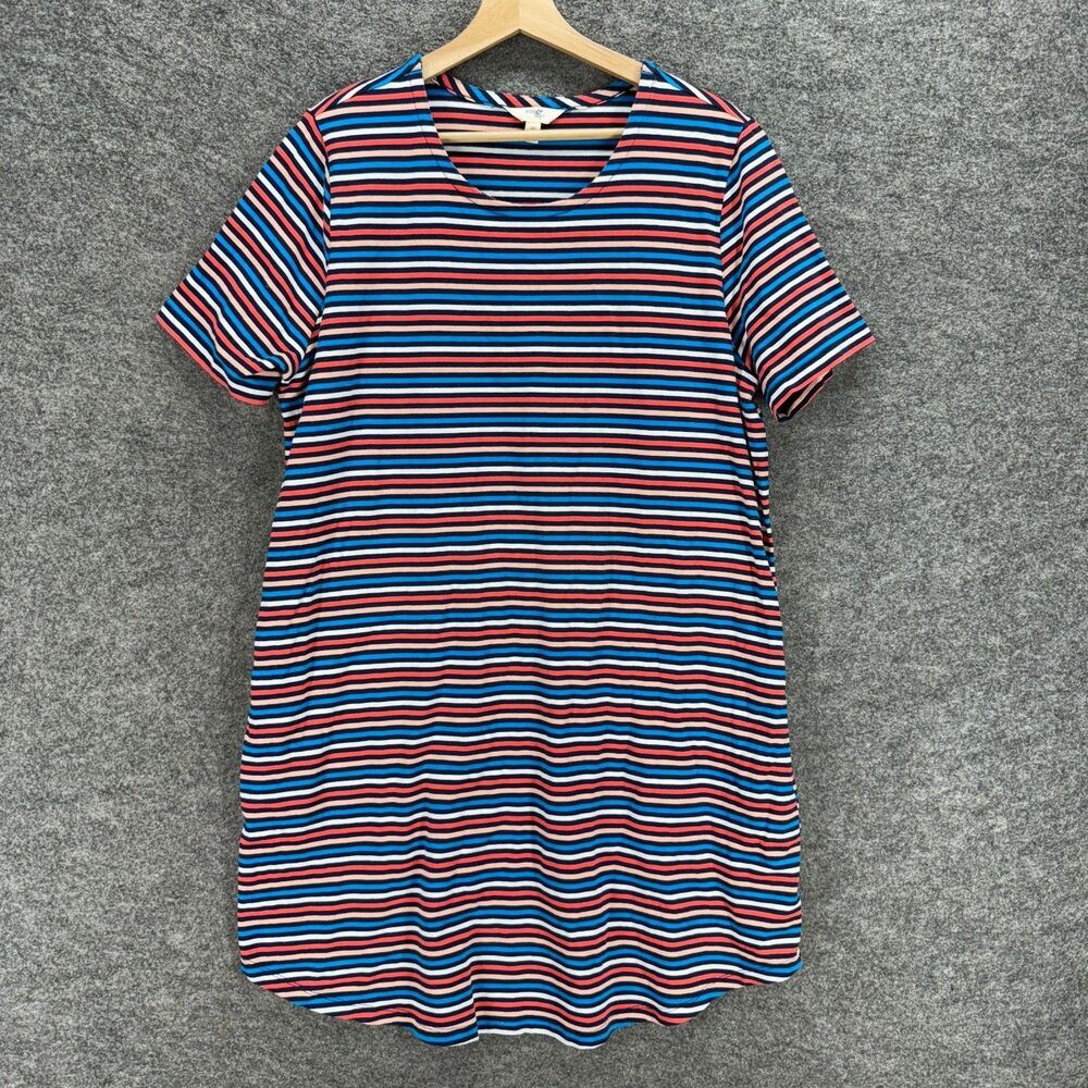 Terra & Sky Dress Women 0X Plus Blue Striped Shift Short Cotton SHort Sleeve